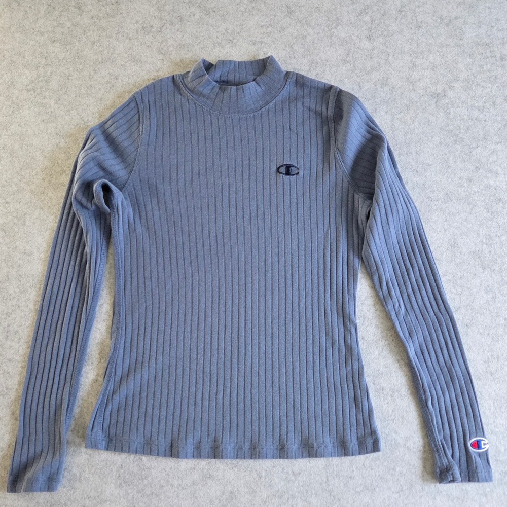 Champion Women's Blue Ribbed Mock Neck Long Sleeve Layering Shirt - XS